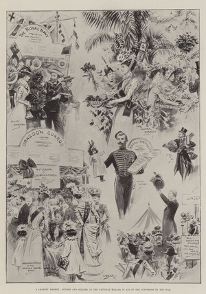 A Charity Market, Buyers and Sellers at the National Bazaar in Aid of the Sufferers by the War (litho)