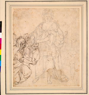 Judith handing the head of Holofernes to her nurse (pen & ink with pencil on paper)