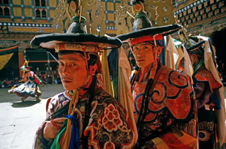 Black Hat dancers at the Paro Tshechu, mask dance festival, in the Paro Dzong, Bhutan (photo)