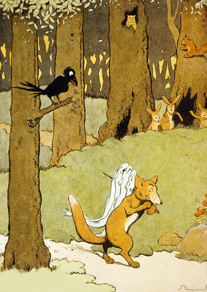 Renard and the Eels, illustration from 'Le Roman de Renard', 1909 (colour litho)