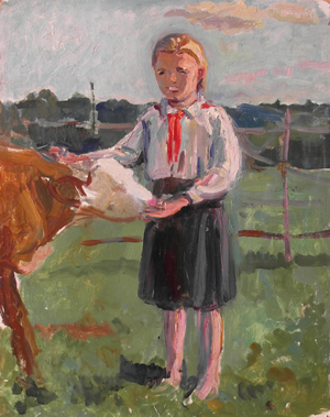 Pioneer Girl Feeding Calf, 1956 (oil on card)