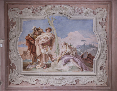 Palazzina (Small Building): view of the fourth room or of Torquato Tasso, with freescoes representing episodes of "Jerusalem Delivered": "Rinaldo, escorted by Ubaldo and Carlo, abandons Armida", 1756-57 (fresco)