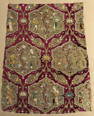 Brocaded velvet with falconer and attendant in animated lattice, from a robe mid 1500s (silk & gilt-metal thread)