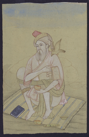 Man feeding the birds with fruit (gouache on paper)