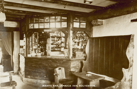 Mary's bar at Jamaica Inn, Bolventor, Cornwall, famous for being associated with Cornish smuggling and celebrated in the book of the same name by Daphne Du Maurier (b/w photo)