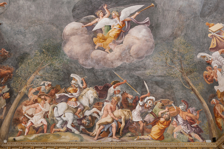 Ajax protecting Patroclus's corpse during the battle of Troy, The Trojan Horse, Chamber of Troy (Sala di Troia), 1538 - 1539