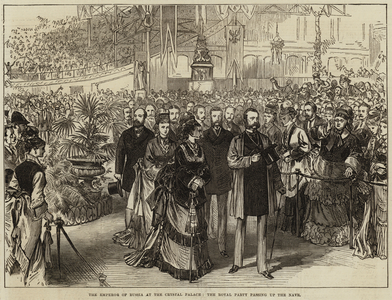 The Emperor of Russia at the Crystal Palace, the Royal Party passing up the Nave (engraving)