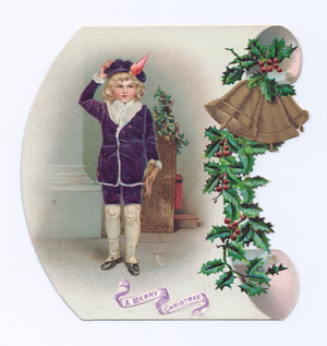 A Victorian die-cut shape Christmas card of a scroll with an image of a boy in fur lined velvet jacket and cap with a feather, c.1880 (colour litho)