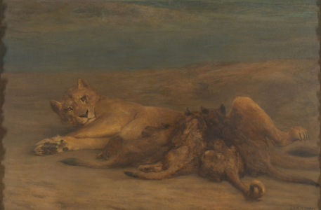 A lioness with four nursing cubs, 1870 (oil on canvas)