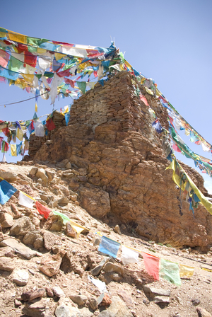 Tibet. Chiu Gompa, A Buddhist Monastery On A Hill, Overlooking Sacred Lake Mansarovar. Prayer Flags.