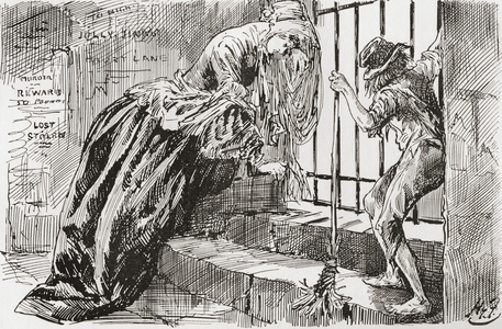 Lady Dedlock and Jo. "He was put there," says Jo, holding to the bars and looking in, while Lady Dedlock shrinks into a corner.  Illustration by Harry Furniss for the Charles Dickens novel Bleak House, from The Testimonial Edition, published 1910.