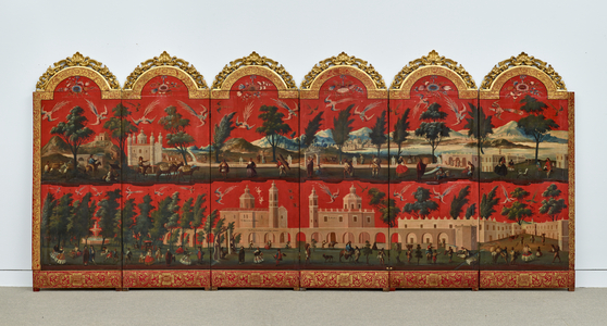 Biombo with Views of Mexico City (oil on red maki-e lacquer on panel, with gilt wood mounts & linen backing)