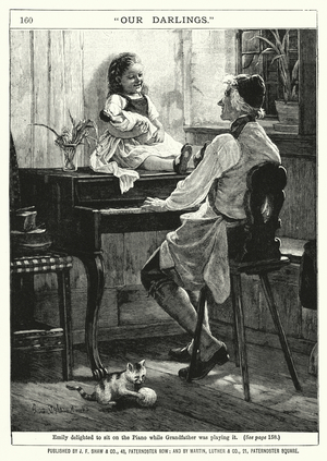 Emily delighted to sit on the Piano while Grandfather was playing it (engraving)
