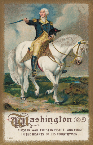 George Washington, on a white horse (colour litho)