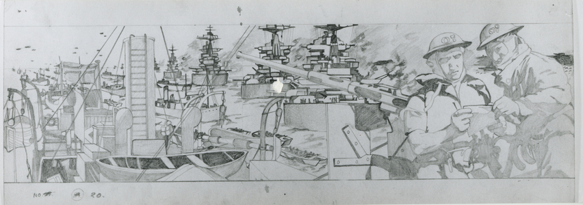 Allied bombardment of the Normandy invasion beaches on June 6th destroying German coastal batteries (pencil on paper)