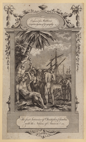 The first Interview of Christopher Columbus with Natives of America (engraving)