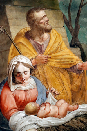 Nativity scene. Holy family. Santa Maria delle Vigne basilica. Genoa. Italy.