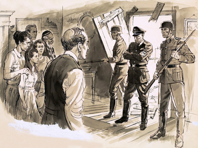 The Nazis burst into the hide-out where Anne Frank and her family were discovered (gouache on paper)