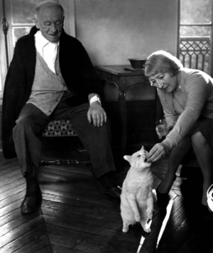 French Writer Blaise Cendrars (1887-1961) With his Wife Raymonde and Cat in Paris November 1957 (b/w photo)