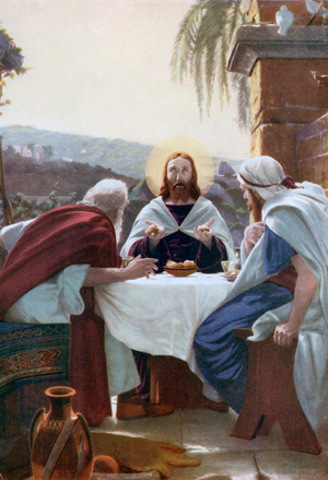 Breaking of Bread at Emmaus (colour litho)