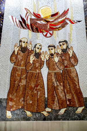 Saint Francis appears to his friars in a chariot of fire carrying the sun, mosaic, Padre Pio basilica, 2021 (photo)