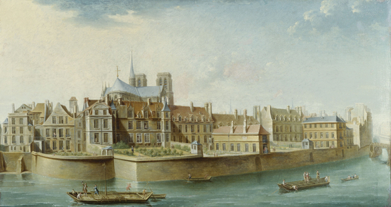 Le Cloître Notre-Dame, seen from Île Saint Louis (quai d'Orléans), in 1753 (oil on canvas)
