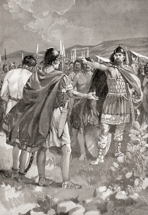 The surrender of Mancinus during the Numantine War, 137 Bc.Gaius Hostilius Mancinus, Roman consul, from Hutchinson's History of the Nations, pub. 1915