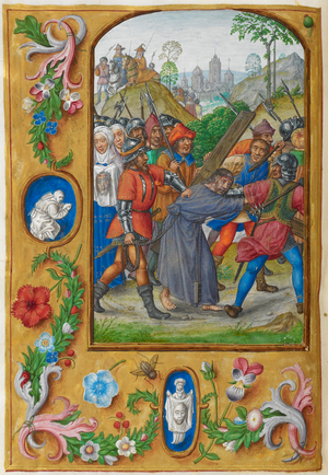 Jesus Christ carrying the cross to Calvary. Border of flowers.