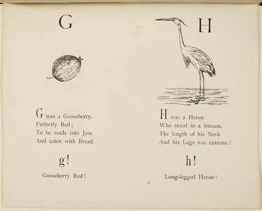 Gooseberry and heron Illustrations and verse from Nonsense Alphabets by Edward Lear.