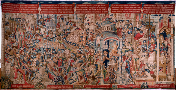 Flemish tapestry. Series The Trojan War. The Destruction of Troy (Destrucción de Troya). Eleventh tapestry in the series. Model Coëtivy Master (Henry or Conrard de Vulcop). Manufacture Tournai workshops. Ca 1470. Fabric Wool and silk, 6/7 warps per cm.