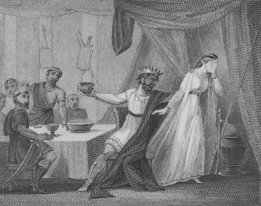 Alboin, King of the Lombards, demanding that his wife Rosamund drinks from his favourite cup, made from the skull of her father Cunimund, King of the Gepids (engraving)