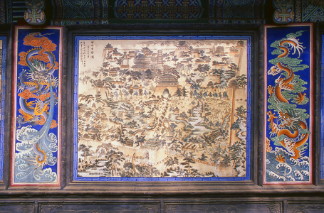 China: Stylised map of ancient Zhangye near the Great Buddha Temple, Zhangye, Gansu Province