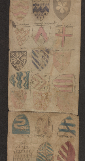 Add. 29502, f.3vHeraldic shields.Genealogical Roll of English Sovereigns, from Egbert to Edward III., with biographical notices to 1406, and with arms of nobles, foreign kingdoms, etc Early 15th century