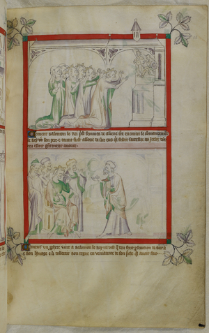 Miniature of Solomon and his wives sacrificing to idols in the upper register, and a prophet telling Solomon that God will punish him in the lower register