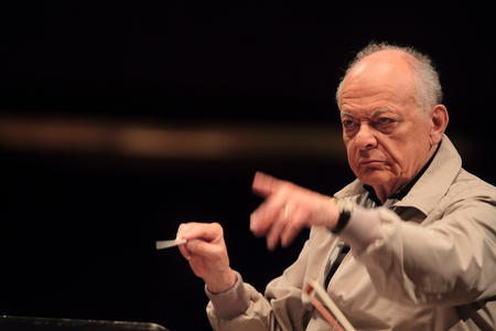 Lorin Maazel - conducting Philharmonia Orchestra, Théatre des Champs Elysées, Paris. May 2011.  American conductor born in 1930.