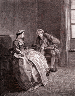 A gentleman reading in 18th century, 1878 (engraving)