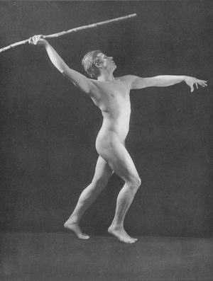 Living Sculpture: The Spearman (b/w photo)