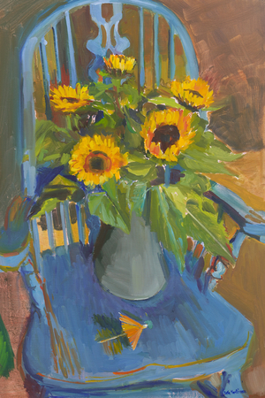 Blue chair, yellow sunflowers (Year 17 furniture) (oil on board)