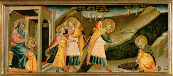 Scenes from the story of Tobias: he bids farewell to his father;Tobias and the Archangel Raphael;Tobias takes heart (painting)