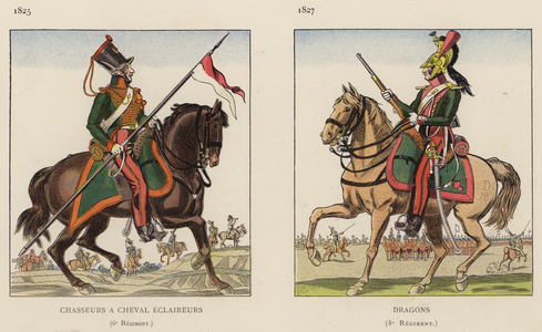 Chasseurs A Cheval Eclaireurs, 6e Regiment, 1825; Dragons, 8e Regiment, 1827 (colour litho)
