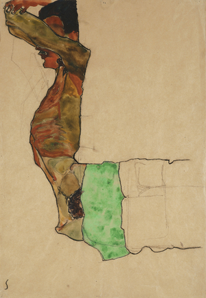 Reclining Male Nude with Green Cloth (Self-Portrait),  (watercolour, gouache and charcoal on buff paper)