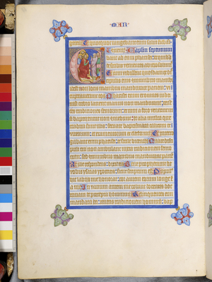 Full page: framed text with historiated initial 'E': Discussion between Christ and the Pharisees about the washing of hands
