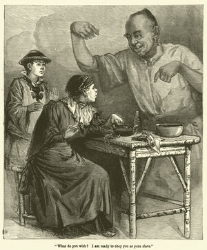 "What do you wish? I am ready to obey you as your slave" (engraving)