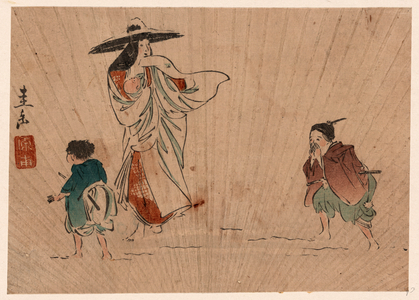 Secchu Tokiwa Zu, Lady Tokiwa in the Snow. [Between 1854 and 1860], 1 Print : Woodcut, Color ; 16.1 X 22.5 ., Print Shows Tokiwa Gozen, Wearing a Large Snow-Covered Hat, Holding an Infant, a Young Man Appears to Be Calling to a Boy; Possibly Represents Lady Tokiwa Fleeing with Her Sons.