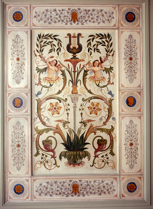 Oslo 1965: Interior from the large dining room in the Royal Castle. The Pompeian decorations  …, 1965 (photo)