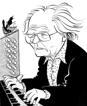 Olivier Messiaen, caricature by John Minnion