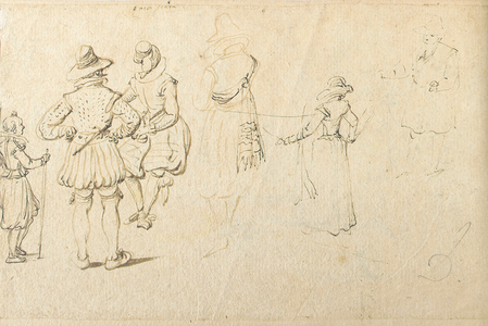 Five figures seen from behind, and another figure (pen & brown ink with wash on paper)
