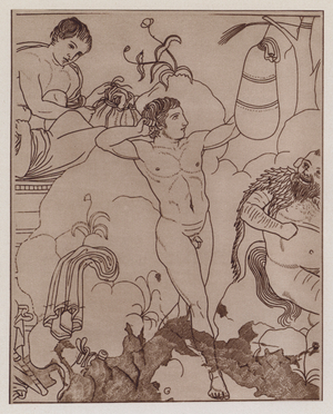 Boxer training with a punchbag, ancient Greek vase painting (litho)