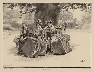 Woman reading a love story from a book (engraving)