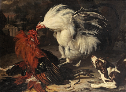 Two Roosters Fighting and a Dog Watching, a Park Landscape beyond, 1675-1721 (oil on canvas)